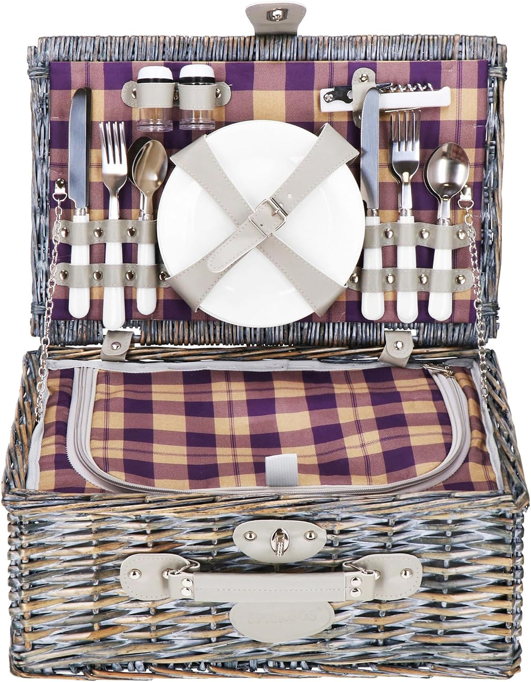 SPRINGOS Weiden - Picknickkorb Thermokorb Picknickkoffer mit Kunstlederhenkel Geschirr Set für 4 Per