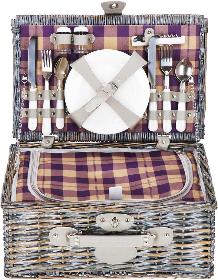 SPRINGOS Weiden - Picknickkorb Thermokorb Picknickkoffer mit Kunstlederhenkel Geschirr Set für 4 Per