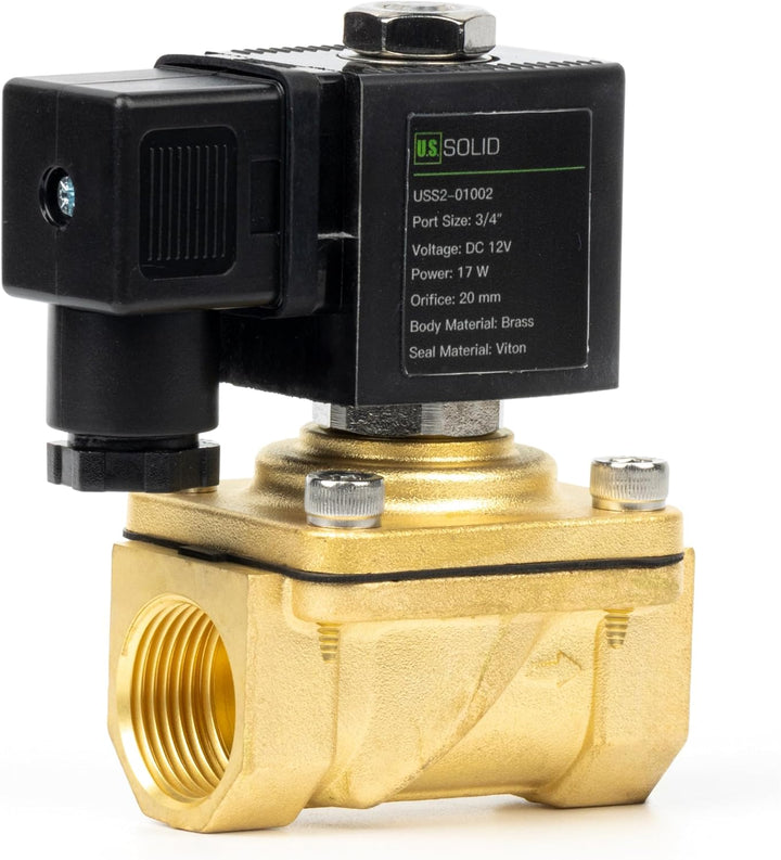 U.S. Solid 3/4" Magnetventil - Messing DC 12V mit Viton-Dichtung, stromlos geschlossen, Anschlussdos