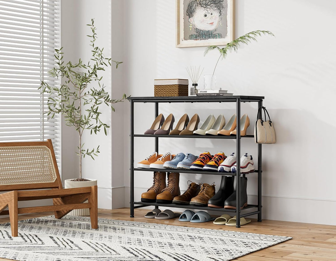 HOMIDEC Schuhregal,4-Ebenen Schuhablage mit Holzbrett als oberstes Regal 75*71*30cm Schwarz, 75*71*3