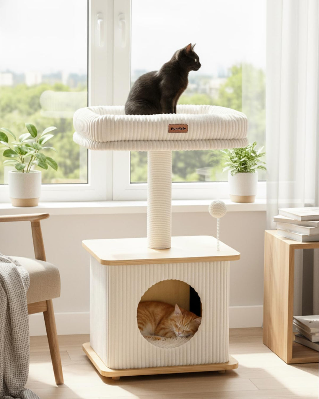 Kratzbaum für Wohnungskatzen 74 cm, moderner Katzenbaum aus Holz mit Sisal Kratzstämmen, grosse Lieg