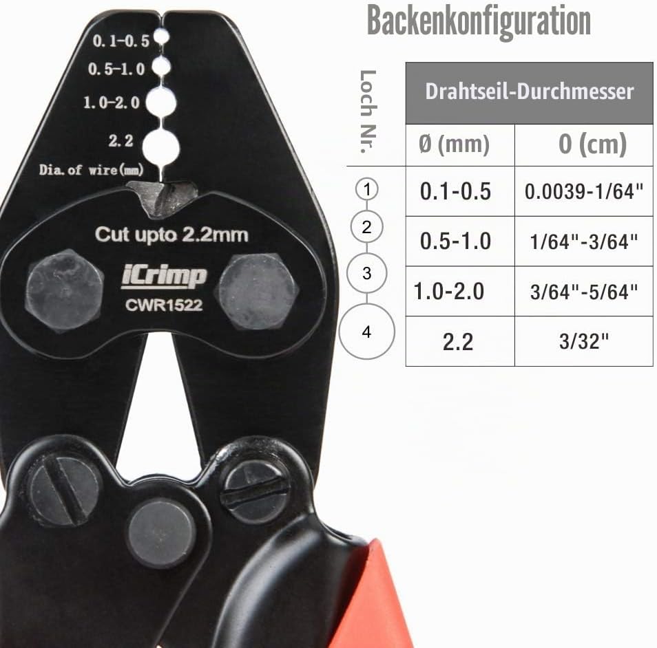 iCrimp CWR1522 Drahtseil Crimp Set 150 Hülsen mit Schneider 0.1 mm - 2.2 mm (with 150 Aluminum Sleev