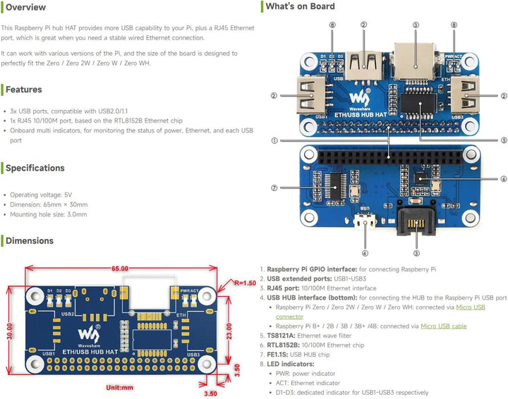 Waveshare Ethernet/USB HUB Module, Compatible with Raspberry Pi, with One RJ45 Ethernet Port and 3 U