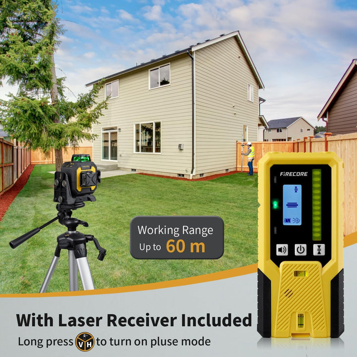 Kreuzlinienlaser mit Empfänger Firecore 3 x 360 ° Grün Selbstnivellierend Laser Wasserwaage, Baulase