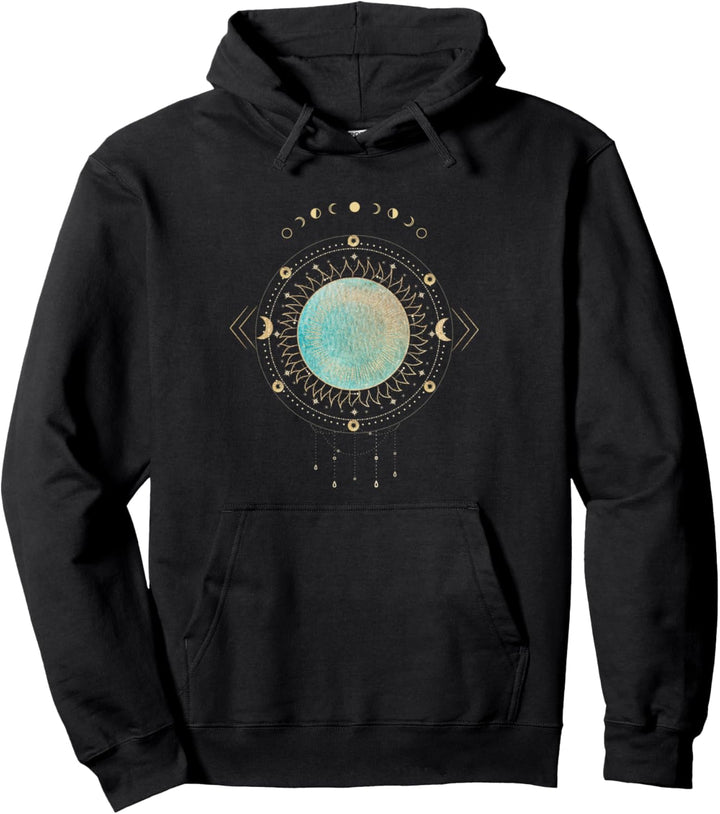Sonne mit Traumfänger und goldener Mondphasen-Illustration Pullover Hoodie