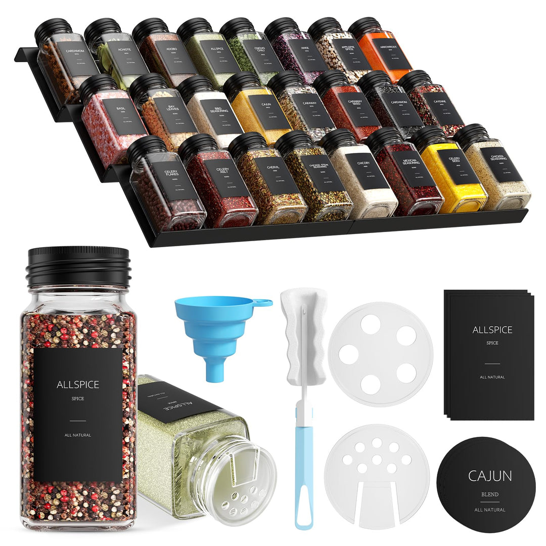 Gewürzregal Schublade mit Regal 24 x 120ml, 372 Gewürzetiketten, 48 blanko Etiketten, Gewürzgläser m
