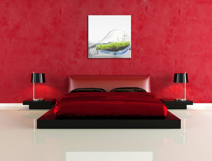 Pixxprint grüne Energie in Glühbirne schwarz/weiss, Format: 70x70 auf Leinwand, 70x70