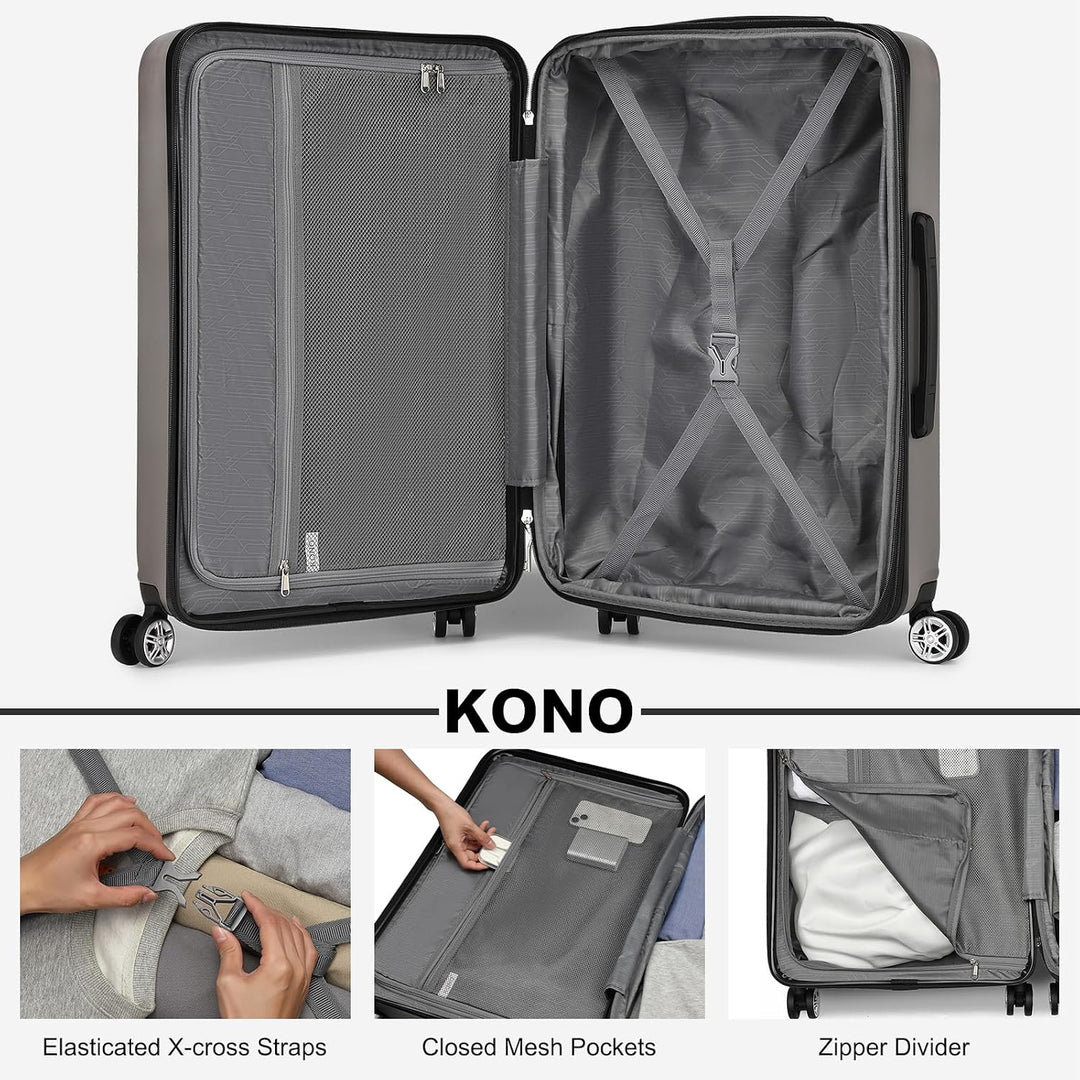 KONO Koffer Handgepäck Leicht Reisekoffer mit rollen und TSA Schloss Grau M (55 x 35 x 22 cm), Grau
