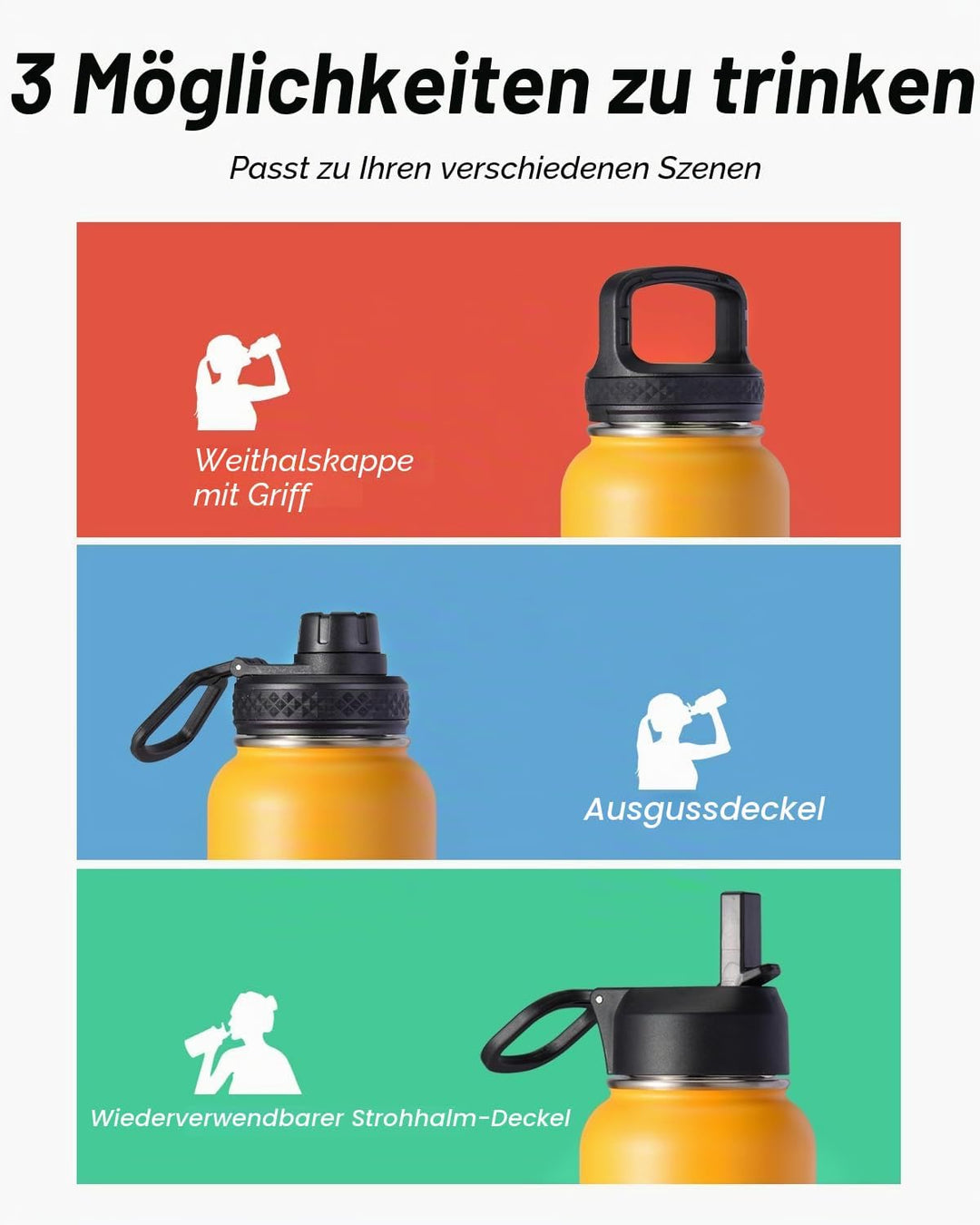 Wasserflasche 40 oz (1,2 l) isoliert mit Strohhalm &amp; Bürste, Coolflask Vakuum Edelstahl Metall 3 Dec