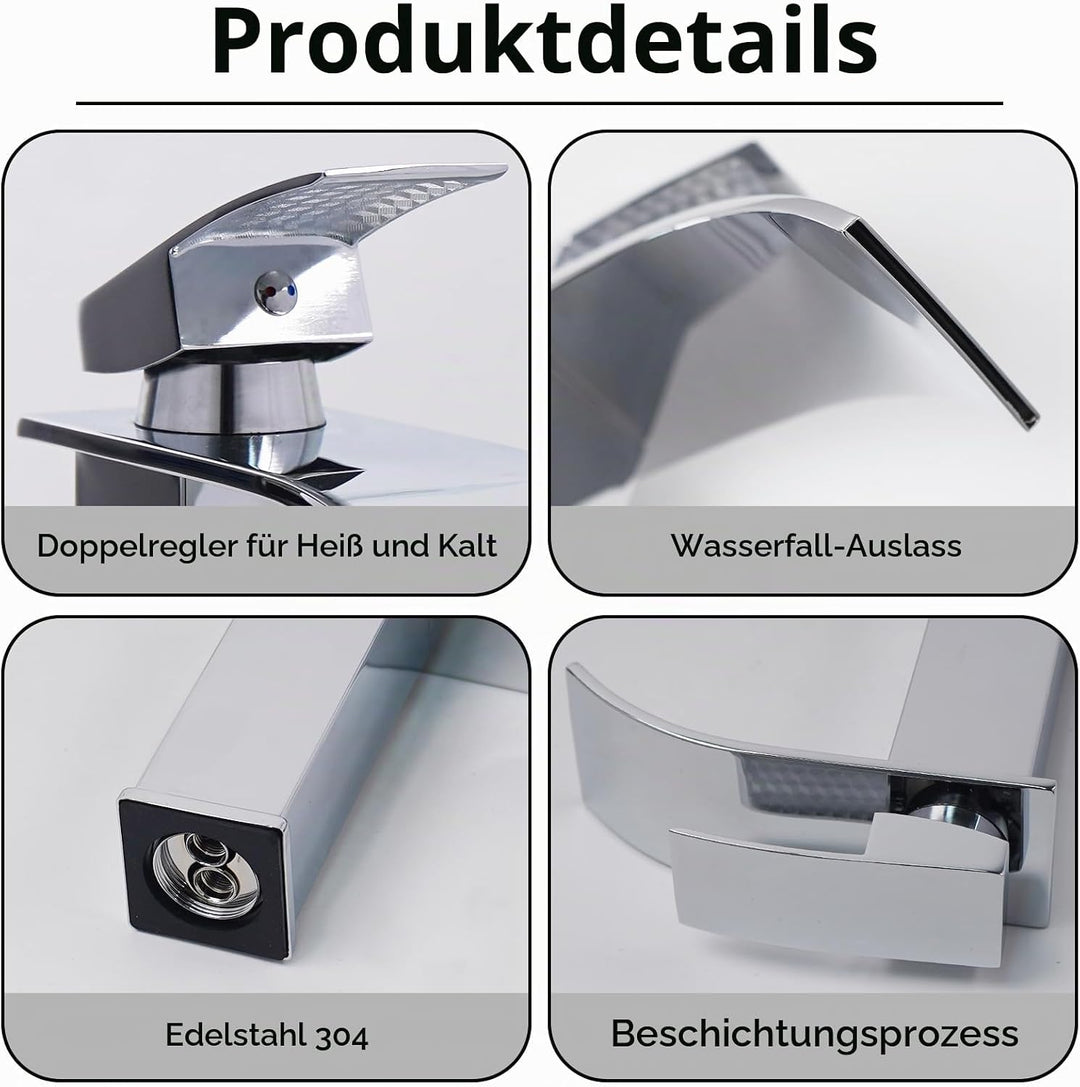 Wasserfall Wasserhahn Bad Waschtischarmaturen aus Edelstahl Silber, Silber