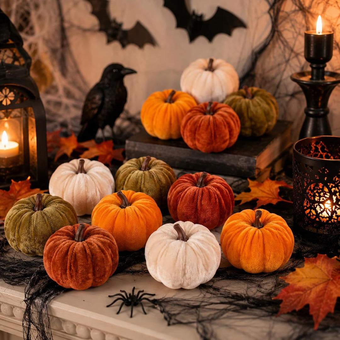 12 Set Herbstdeko, Samt Kürbisse Deko, Mini Tischdeko