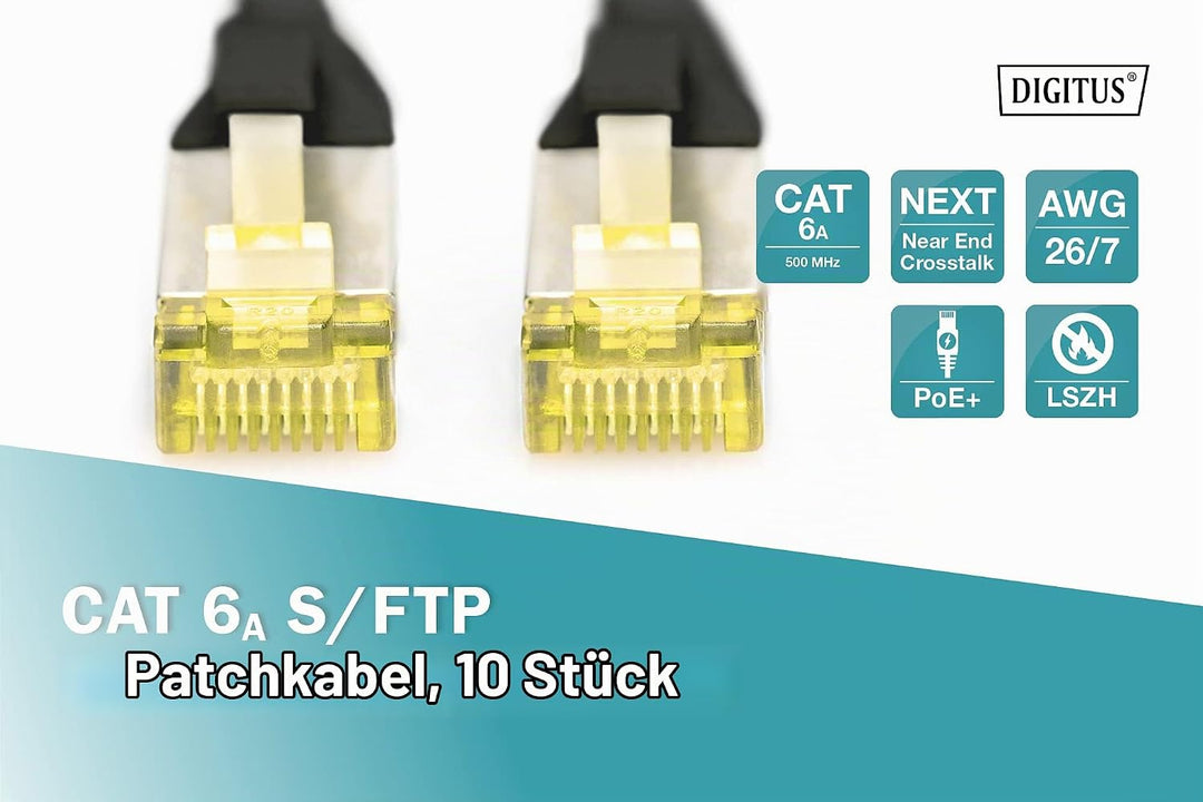 DIGITUS LAN Kabel Cat 6A – 3 m – 10 Stück – S/FTP Geschirmt – Schwarz Schwarz 3 m - 10 count, Schwar