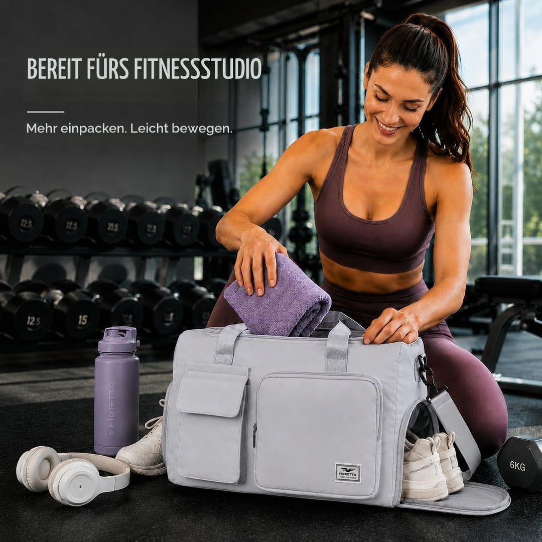 FIORETTO 30L Damen Sporttasche Faltbare Reisetasche mit Schuhfach und Nassfach, Wasserabweisende Wee
