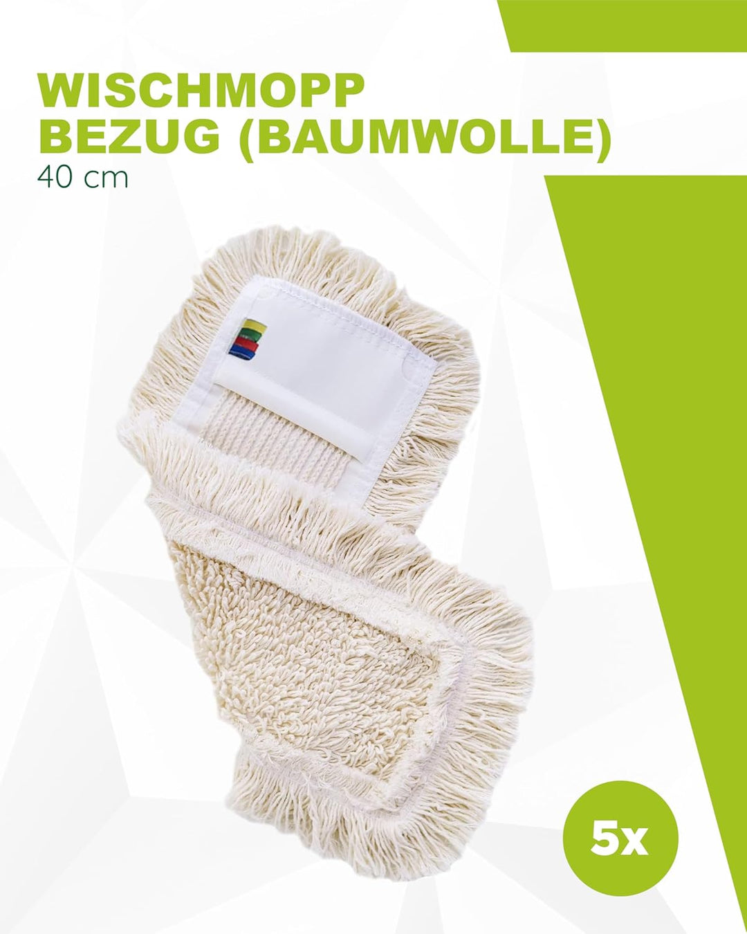 Wisch-Star 5X Wischmopp Bezug 40 cm aus Baumwolle in Weiss, Bodenwischer Bezug, Ersatzbezug mit Tasc