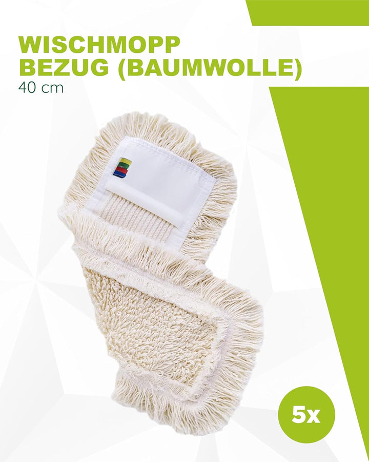 Wisch-Star 5X Wischmopp Bezug 40 cm aus Baumwolle in Weiss, Bodenwischer Bezug, Ersatzbezug mit Tasc