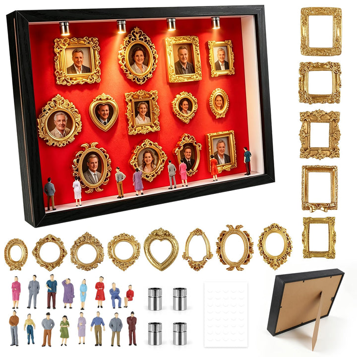 DIY Mini Museum Silhouette Box, Mini Museum Bilderrahmen mit LED Licht,13 Mini Goldrahmen &amp; 16 Figur