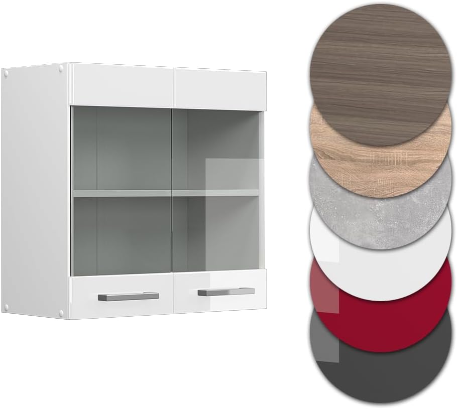 Vicco Küchenschrank Glas R-Line, Weiss Hochglanz/Weiss, 60 cm Weiss Hochglanz Hängeglasschrank 60cm,