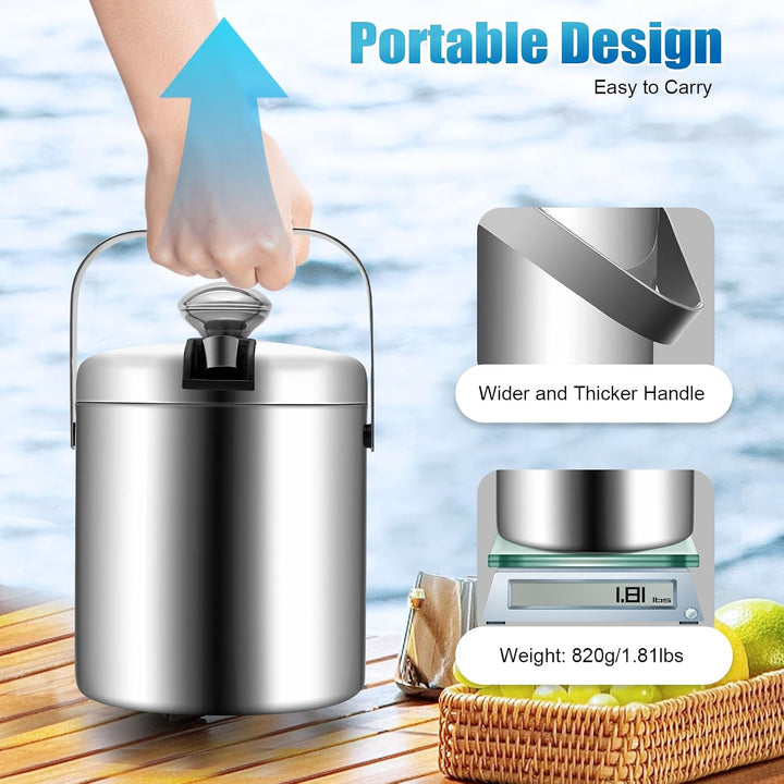 Edelstahl Eiswürfelbehälter 13.L Eiskübel mit Luftdichtem Deckel Sieb und Eiszange Doppelwandig Isol