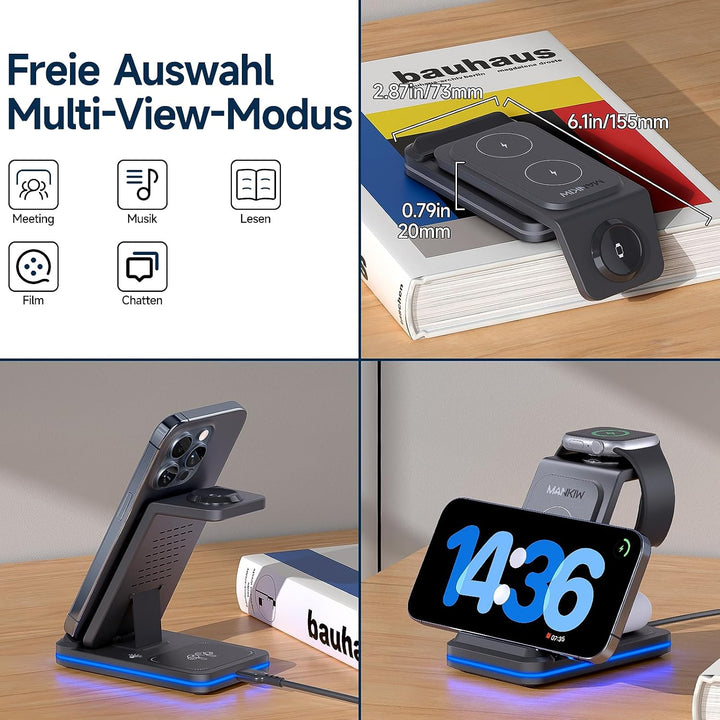 MANKIW 3 in 1 Ladestation für iPhone, iWatch und AirPods Schwarz, Schwarz