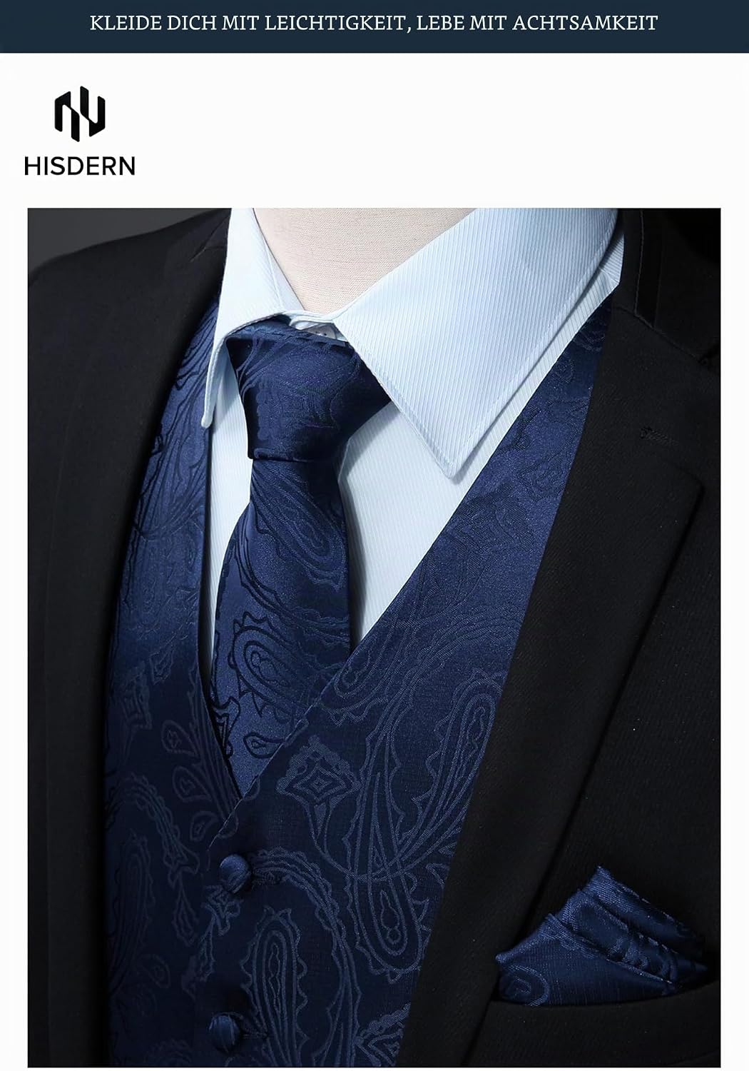 HISDERN Herren FLoral Hochzeit Weste Krawatte Einstecktuch Taschentuch Jacquard Weste Anzug Set XS N