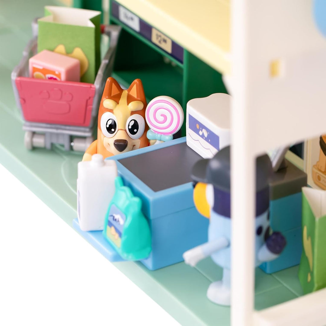 Rocco Giocattoli | Der Bluey Supermarkt - Playset mit 2 Actionfiguren, Zubehör und Aufklebern