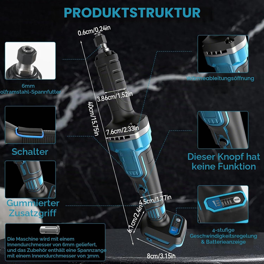 Akku-Schleifmaschine kompatibel mit Makita 18 V, bürstenloser elektrischer Geradschleifer mit 5 Stüc