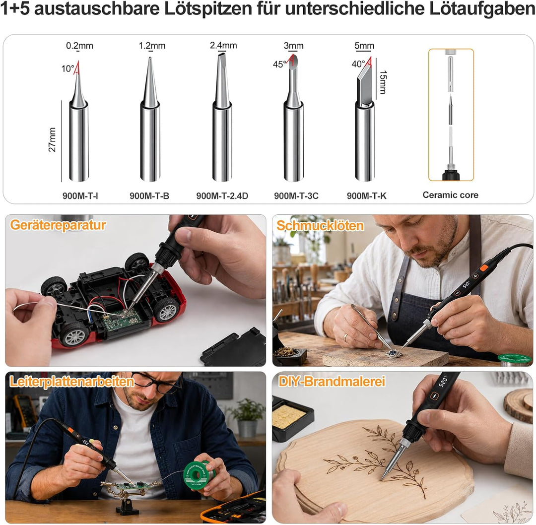 Lötkolben Set 80W LED Einstellbar Temperatur 180-520°C mit Ein/Aus Schalter Grau, Grau