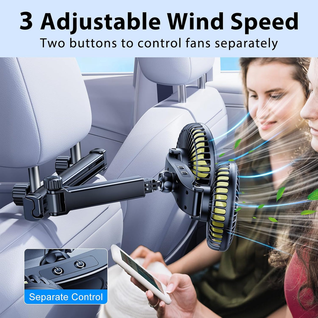 Akku-Ventilator für Auto-Rücksitz mit einziehbarem langem Arm, [Geschenk-Kfz-Ladegerät &amp; USB-C-Kabel