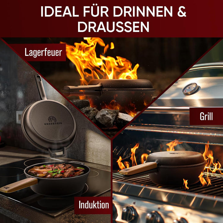 GUSSKÖNIG Dutch Oven - 2 in 1 Eingebrannter Gusseisen Topf 3L &amp; Gusspfanne 1,5L - Cast Iron Pot mit
