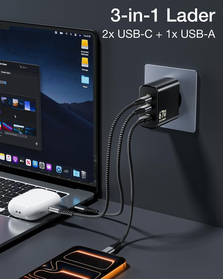 USB C Ladegerät 67W,3-Port GaN Schnellladegerät,Laptop Charger mit Kabel 2M Schwarz, Schwarz