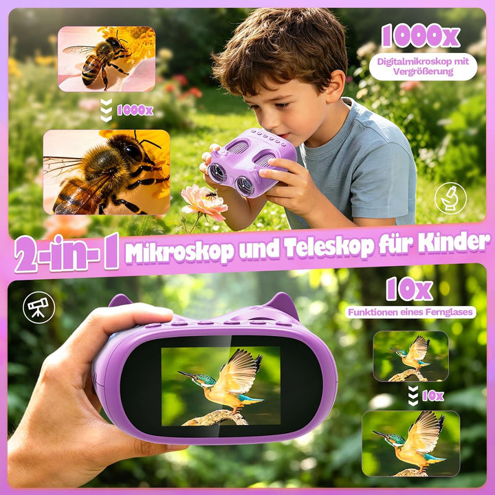 2-in-1 Digitales Mikroskop und Teleskop für Kinder 1000x (Lila) | Tragbares Taschenmikroskop Kinder