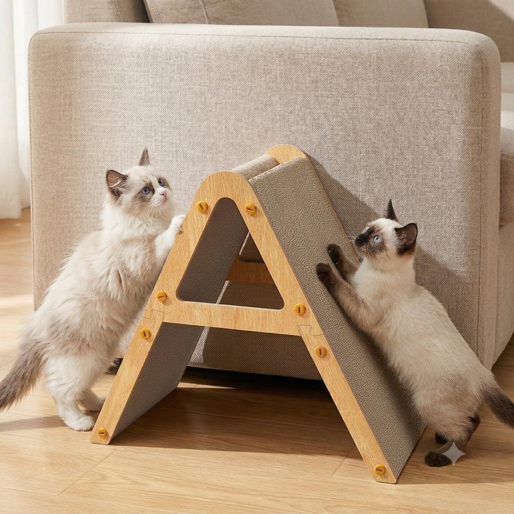 A-Frame Kratzmöbel aus Recycling-Pappe &amp; Holzrahmen, beidseitiges Kratzbrett für Kitten, Kratzliege