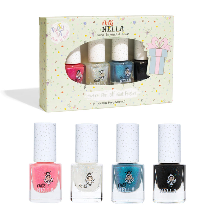 Miss Nella Partysammlung Glitzer Nagellack 4er Set: schwarz, top coat, blau &amp; Korallen, abziehbarer