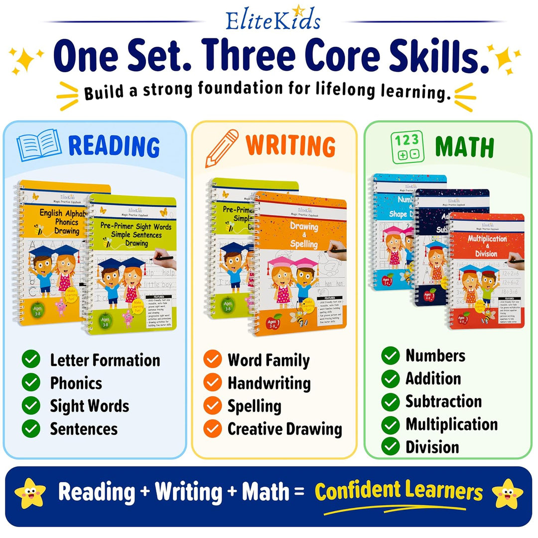 Magic Practice Copybook 6 Workbooks with Disappearing Ink Pens, Reusable Handwriting Practice for Ki