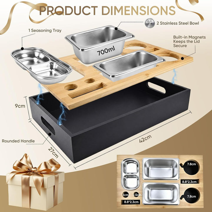 Couchbar Snackbox, Holztablett mit Getränkehalter und 3 Snackschalen