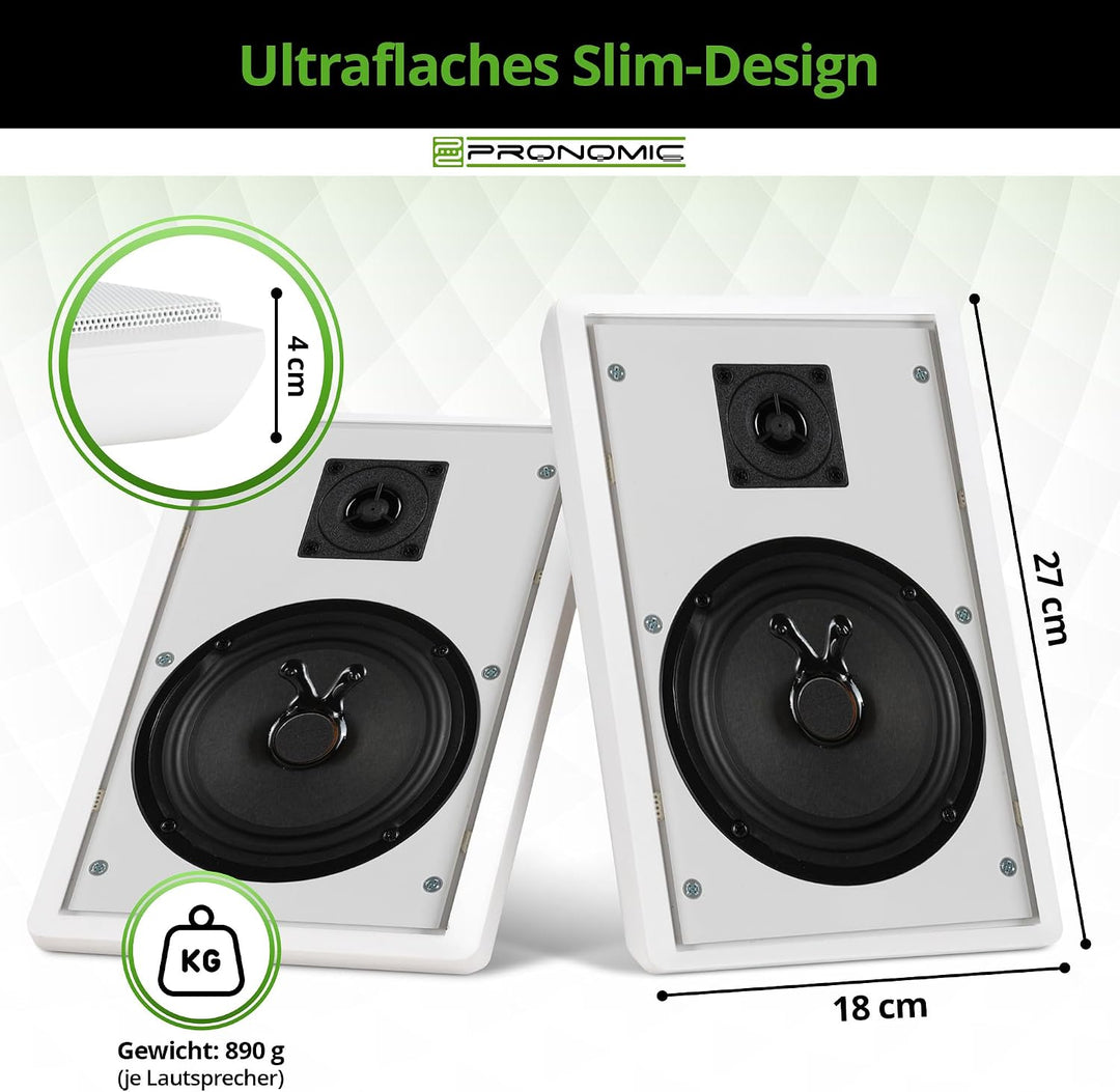 Pronomic FLS-540 WH Flatpanel Wandlautsprecher Boxen Set (2 Paar HiFi Flachlautsprecher, 2-Wege Box,