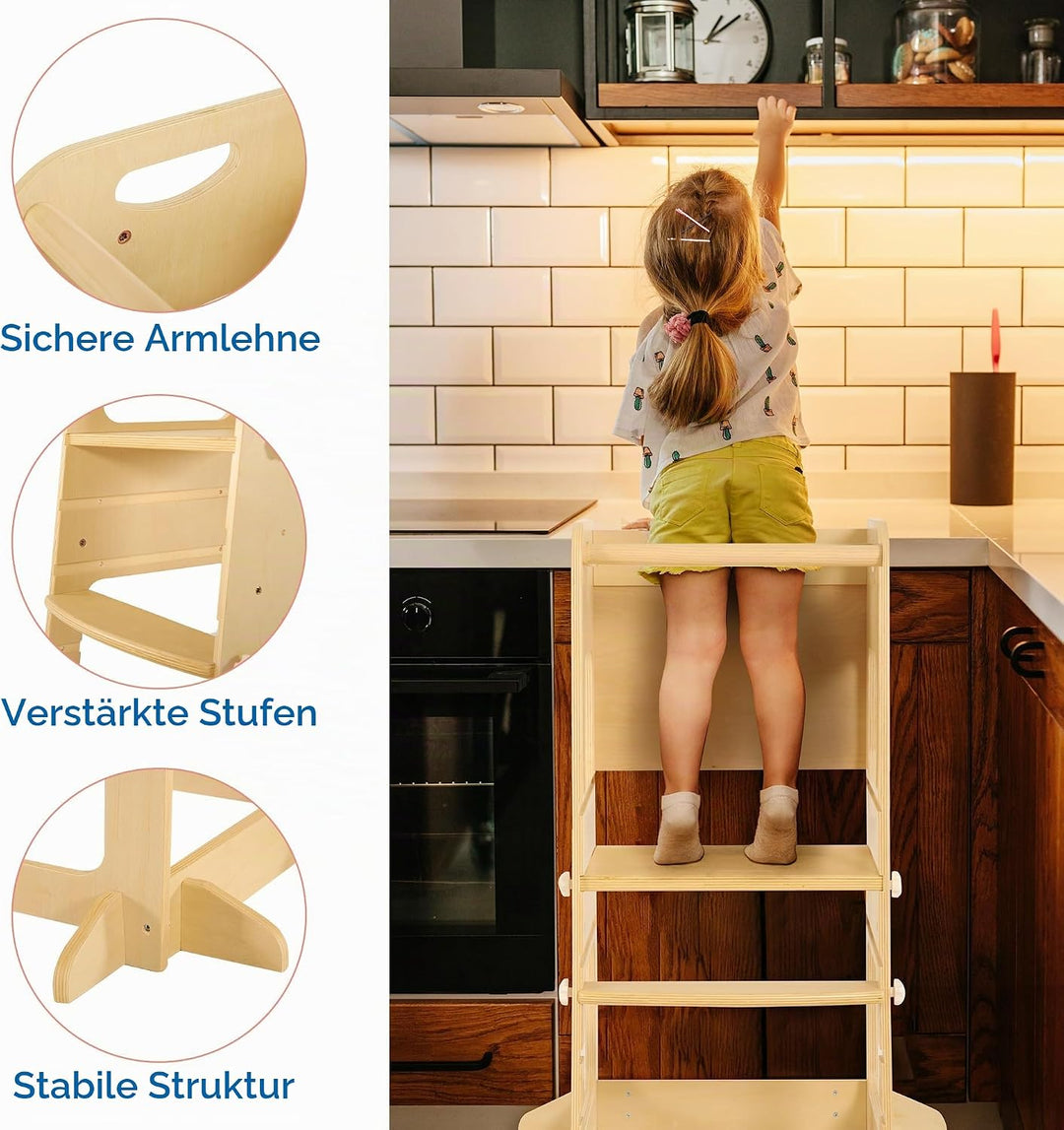 Bateso Basic Lernturm für Kinder mit Schutznetz, Höhenverstellbarer Montessori Lernturm aus Holz, St