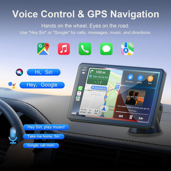 7" Drahtloses Tragbares Car Play Display für Apple CarPlay &amp; Android Auto mit Bluetooth, Mirror Link