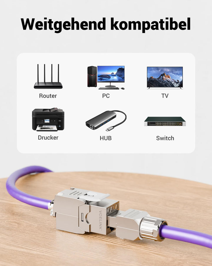 VCELINK 8x CAT7 Keystone RJ45 Modul Buchse, für LAN Kabel 10 Gbit/s bis 600 MHz AWG 22-24 &amp; PoE, Wer