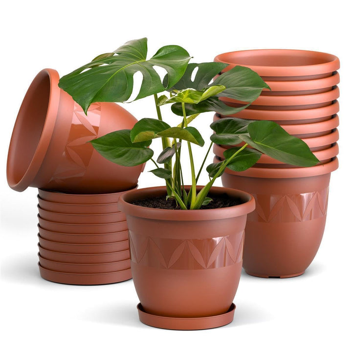 10er Set Blumentöpfe mit Untersetzer 24 cm Durchmesser Terrakotta runder Pflanzkübel aus Kunststoff
