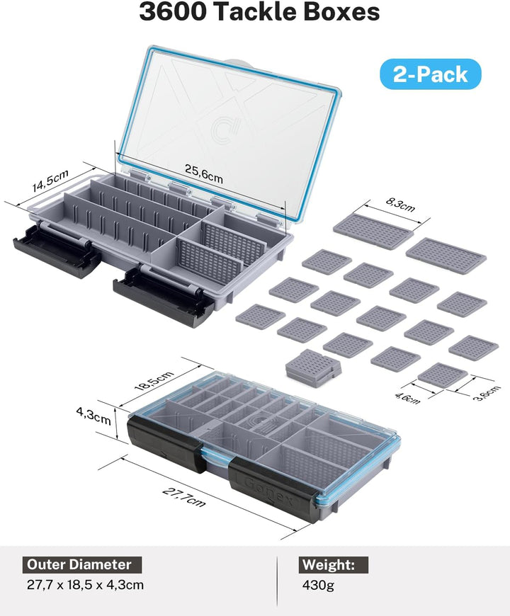 Gonex Köderboxen Angeln 2er-Pack, Wasserdichte Angelboxen mit Verstellbaren Fächern, Transparente Tr