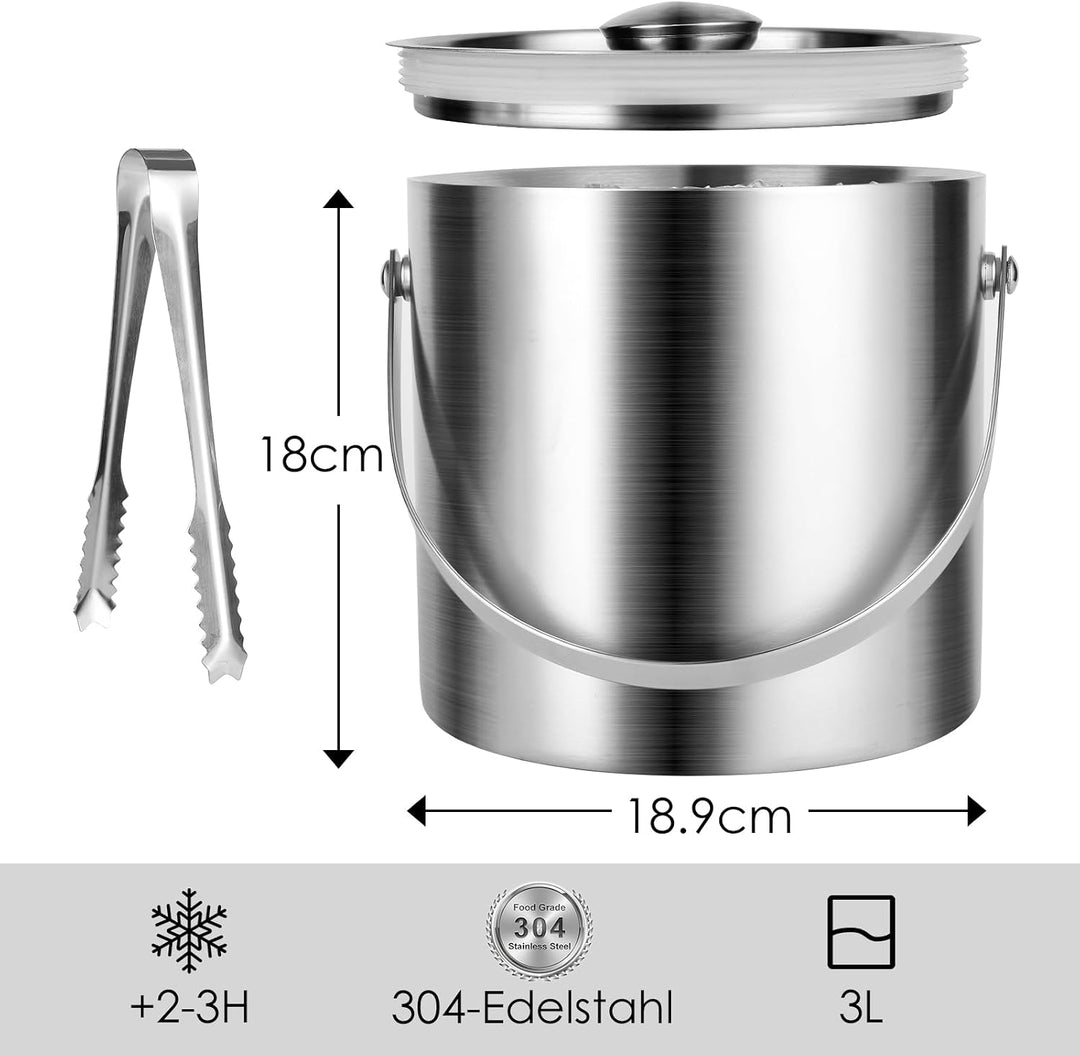 Edelstahl Eisbehälter 3L mit luftdichtem Deckel,Sieb und Eiszange,Eiswürfelbehälter doppelwandiger,