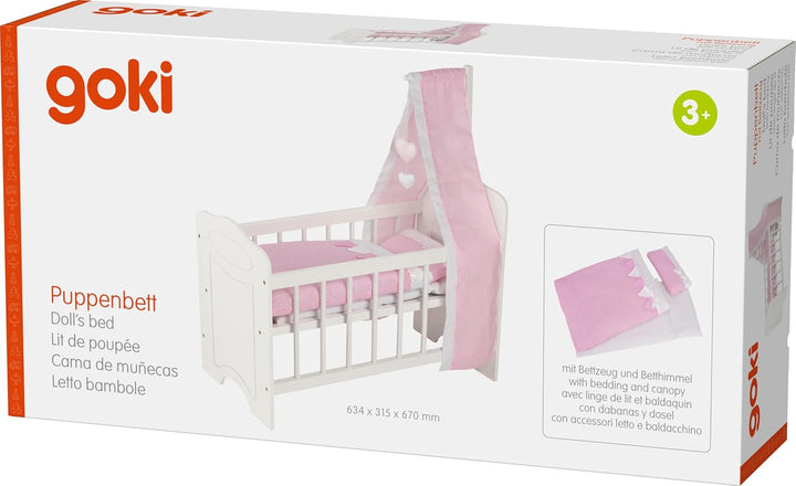 Goki 51762 Puppenbett mit Bettwäsche und Himmel puppenhausmöbel, weiss/rosa