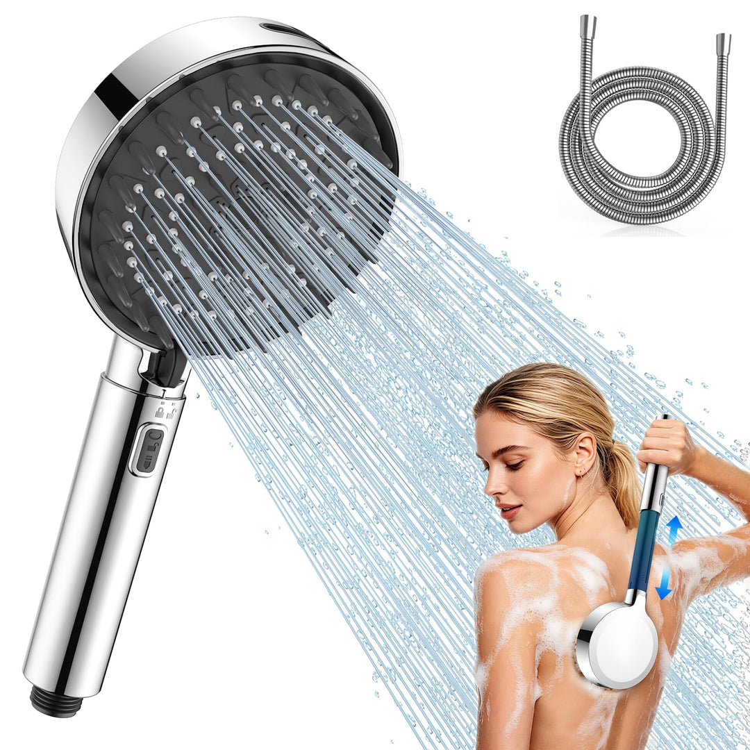 FEELSO Duschkopf mit 1,8 m Schlauch, grosse Duschfläche, 9 cm verlängerbar Silber, Silber