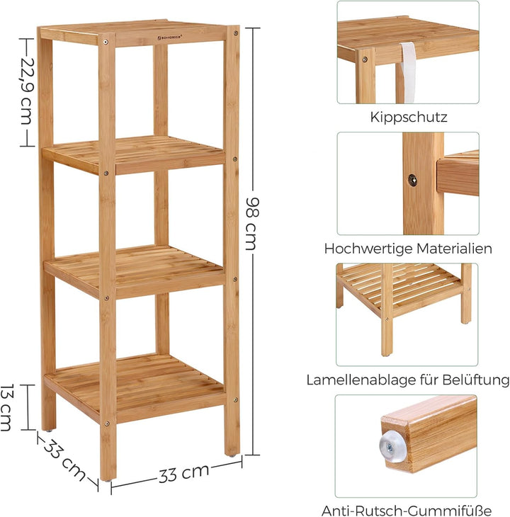 SONGMICS Badezimmerregal, Badregal, Küchenregal, Schuhregal mit 4 Ebenen, Standregal aus Bambus, 33