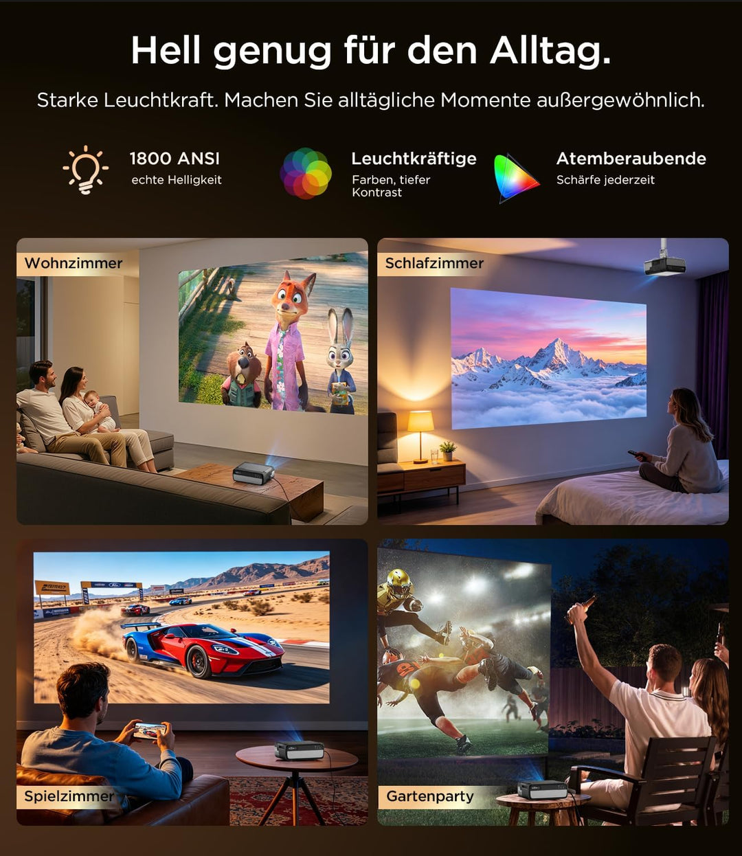 Tragbarer Smart Beamer 1080P mit 4K-Unterstützung, 1800 ANSI, WiFi 6 &amp; Bluetooth 5.4, 35W Dolby Audi