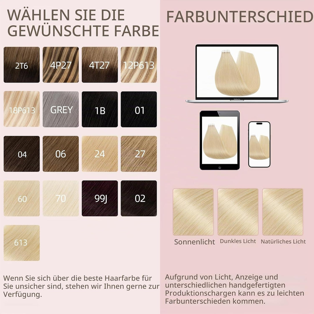 Tape Extensions Echthaar 10stk, Remy Tape in Extensions Haarverlängerung, Skin Weft Echthaar Haarext