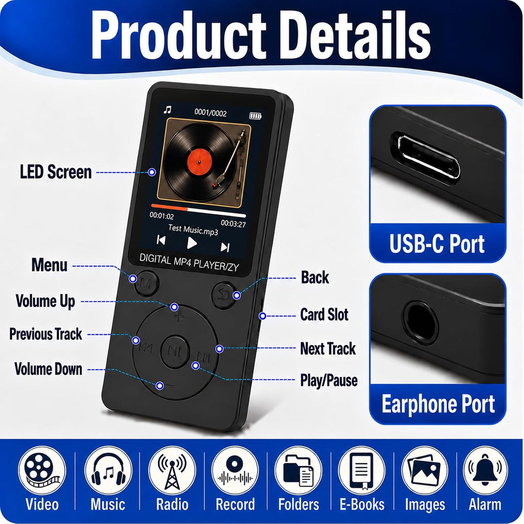 MP3 Player 32GB Bluetooth 5.0 mit Lautsprecher für 1,8"" Bildschirm