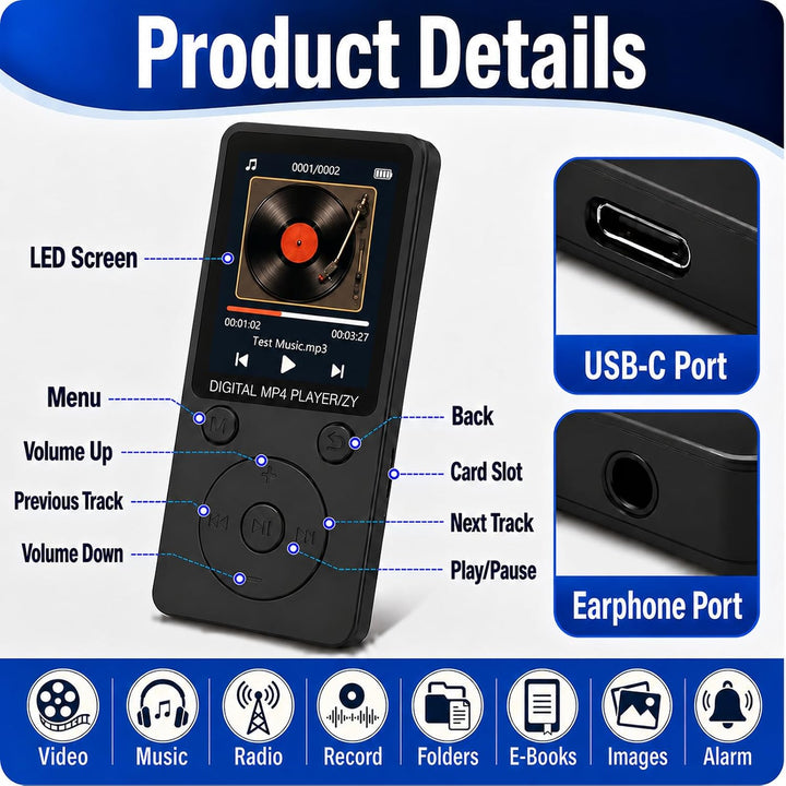 MP3 Player 32GB Bluetooth 5.0 mit Lautsprecher für 1,8"" Bildschirm