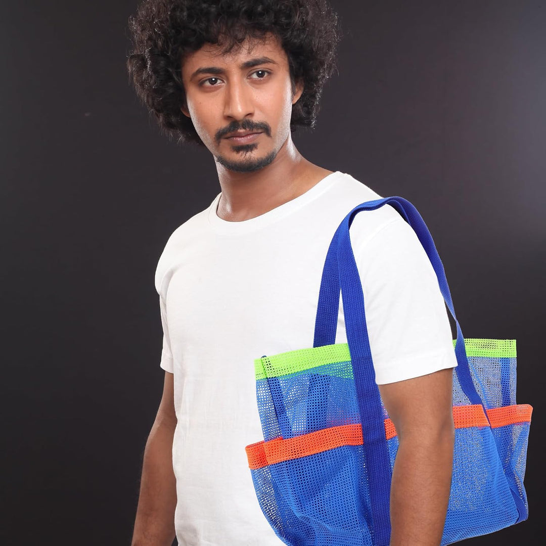 HEMOTON Netzgewebe Strandtasche Polyester, mit Mehreren Fächern, Blau